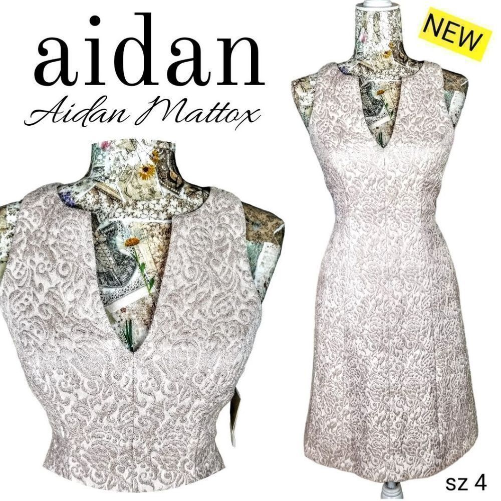 Aidan Mattox Rose Gold Metalic Jacquard Bodycon Midi Sleeveless Dress NEW